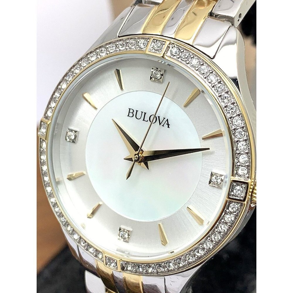 Bulova Women's Watch 98L273 Mother of Pearl Dial Two Tone Steel Gemmed 32mm